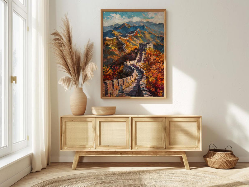 Great Wall of China Oil Painting Poster, Autumn Landscape Art Print, Chinese Wall Heritage Decor, Historical Asia Wall Art, Impasto Print