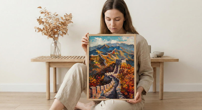 Great Wall of China Oil Painting Poster, Autumn Landscape Art Print, Chinese Wall Heritage Decor, Historical Asia Wall Art, Impasto Print