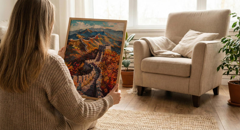 Great Wall of China Oil Painting Poster, Autumn Landscape Art Print, Chinese Wall Heritage Decor, Historical Asia Wall Art, Impasto Print