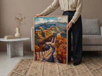 Great Wall of China Oil Painting Poster, Autumn Landscape Art Print, Chinese Wall Heritage Decor, Historical Asia Wall Art, Impasto Print