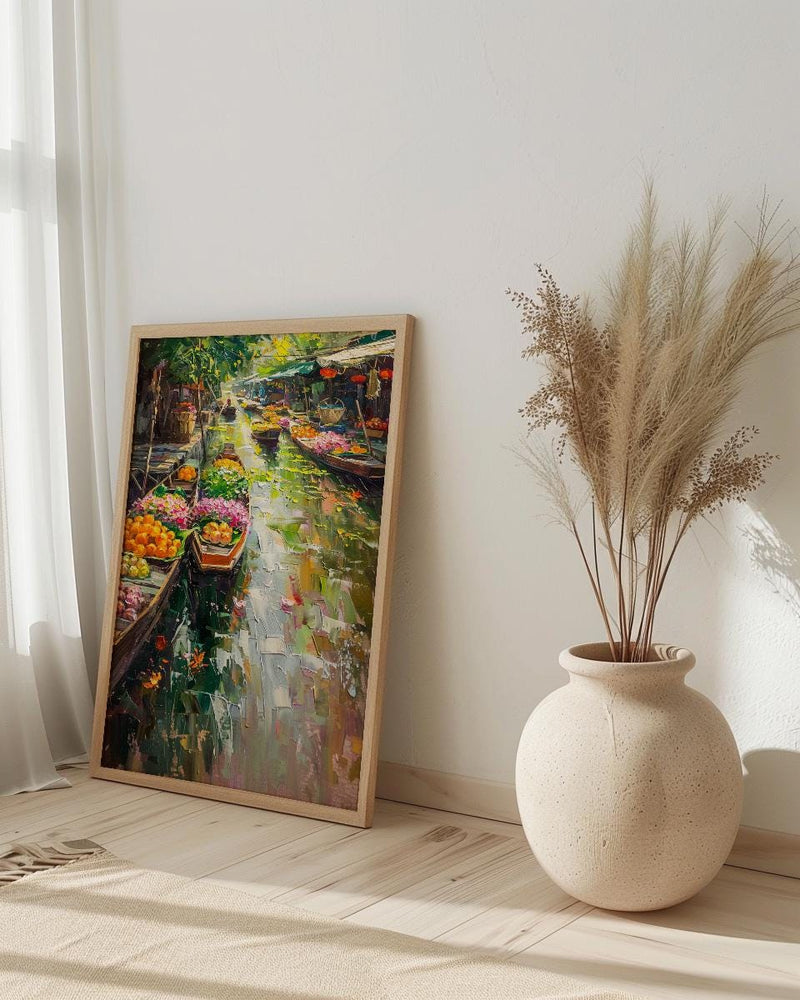 Thailand Floating Market Oil Painting Poster, Bangkok River Art Print, Tropical Boat Bazaar Wall Art, Exotic Asia Decor, Impasto Market