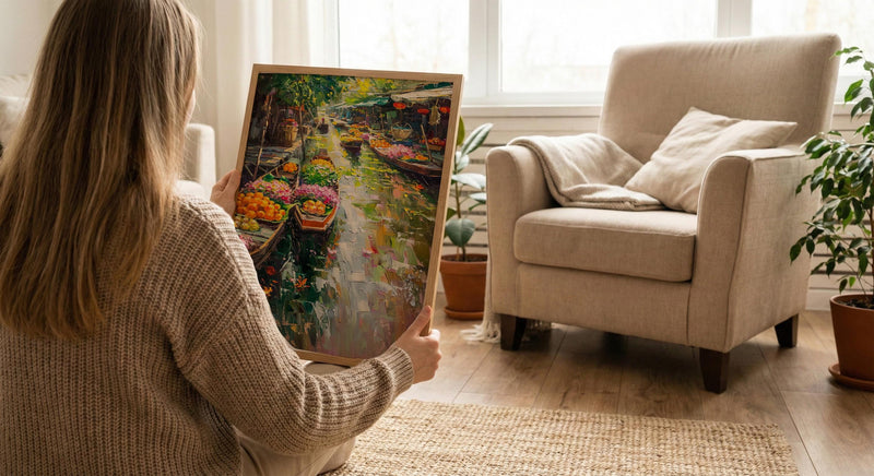 Thailand Floating Market Oil Painting Poster, Bangkok River Art Print, Tropical Boat Bazaar Wall Art, Exotic Asia Decor, Impasto Market