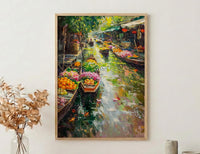 Thailand Floating Market Oil Painting Poster, Bangkok River Art Print, Tropical Boat Bazaar Wall Art, Exotic Asia Decor, Impasto Market