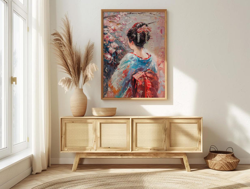 Japanese Geisha Oil Painting Poster, Kimono Woman Art Print, Cherry Blossom Sakura Wall Art, Traditional Asian Decor, Impasto Masterpiece