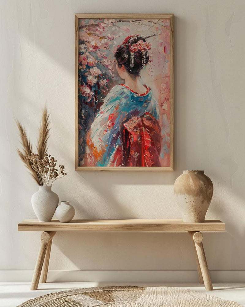 Japanese Geisha Oil Painting Poster, Kimono Woman Art Print, Cherry Blossom Sakura Wall Art, Traditional Asian Decor, Impasto Masterpiece