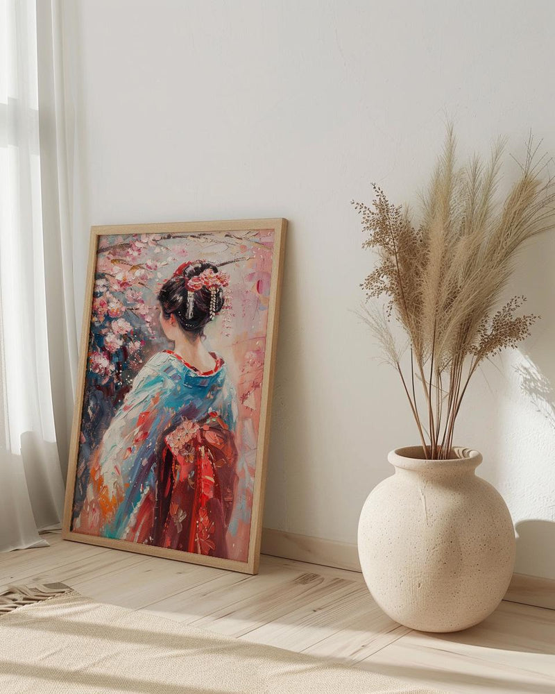 Japanese Geisha Oil Painting Poster, Kimono Woman Art Print, Cherry Blossom Sakura Wall Art, Traditional Asian Decor, Impasto Masterpiece