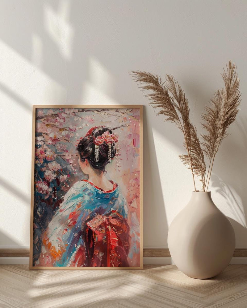Japanese Geisha Oil Painting Poster, Kimono Woman Art Print, Cherry Blossom Sakura Wall Art, Traditional Asian Decor, Impasto Masterpiece
