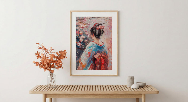 Japanese Geisha Oil Painting Poster, Kimono Woman Art Print, Cherry Blossom Sakura Wall Art, Traditional Asian Decor, Impasto Masterpiece