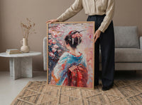 Japanese Geisha Oil Painting Poster, Kimono Woman Art Print, Cherry Blossom Sakura Wall Art, Traditional Asian Decor, Impasto Masterpiece
