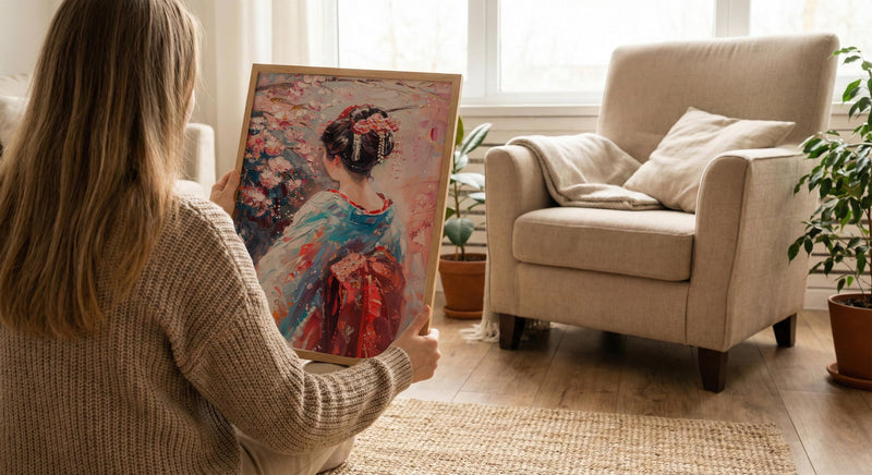 Japanese Geisha Oil Painting Poster, Kimono Woman Art Print, Cherry Blossom Sakura Wall Art, Traditional Asian Decor, Impasto Masterpiece