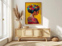 Latin American Woman Oil Painting Poster, Mexican Folklore Art Print, Colorful Floral Headdress Wall Art, Yellow Decor, Impasto Portrait