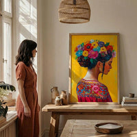 Latin American Woman Oil Painting Poster, Mexican Folklore Art Print, Colorful Floral Headdress Wall Art, Yellow Decor, Impasto Portrait