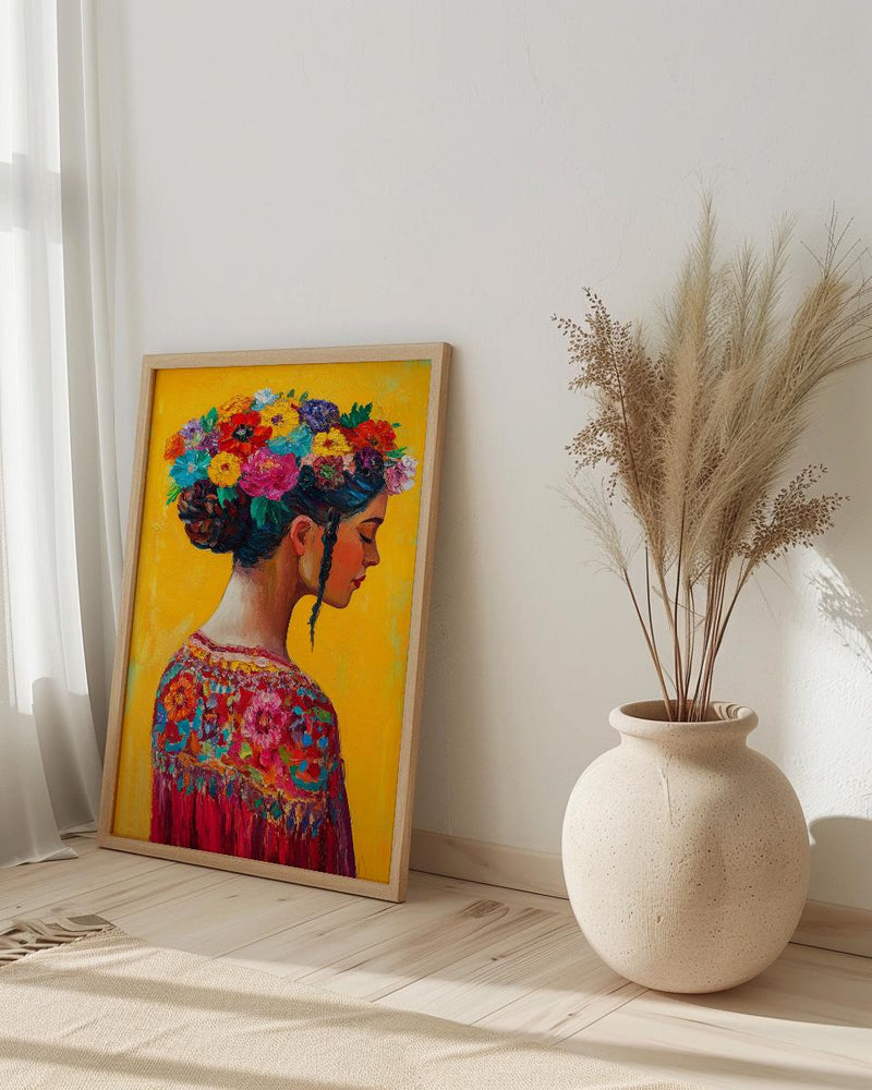Latin American Woman Oil Painting Poster, Mexican Folklore Art Print, Colorful Floral Headdress Wall Art, Yellow Decor, Impasto Portrait