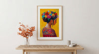 Latin American Woman Oil Painting Poster, Mexican Folklore Art Print, Colorful Floral Headdress Wall Art, Yellow Decor, Impasto Portrait