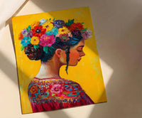 Latin American Woman Oil Painting Poster, Mexican Folklore Art Print, Colorful Floral Headdress Wall Art, Yellow Decor, Impasto Portrait