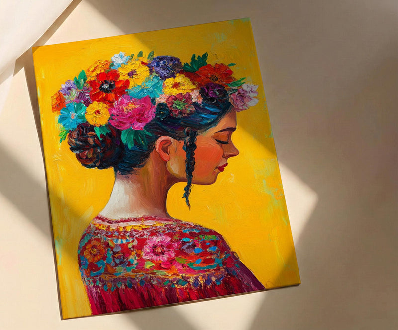 Latin American Woman Oil Painting Poster, Mexican Folklore Art Print, Colorful Floral Headdress Wall Art, Yellow Decor, Impasto Portrait