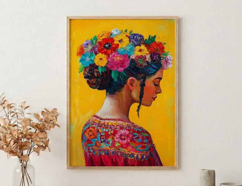 Latin American Woman Oil Painting Poster, Mexican Folklore Art Print, Colorful Floral Headdress Wall Art, Yellow Decor, Impasto Portrait