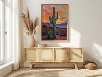Desert Sunset Oil Painting Poster, Saguaro Cactus Art Print, Colorful Mexican Desert Wall Art, Southwest Decor, Impasto Landscape