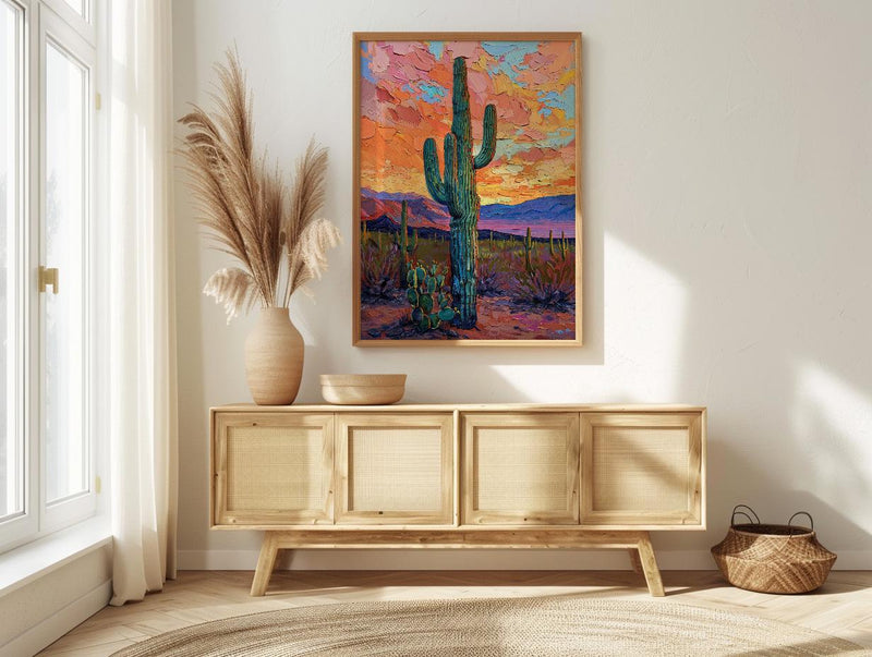 Desert Sunset Oil Painting Poster, Saguaro Cactus Art Print, Colorful Mexican Desert Wall Art, Southwest Decor, Impasto Landscape