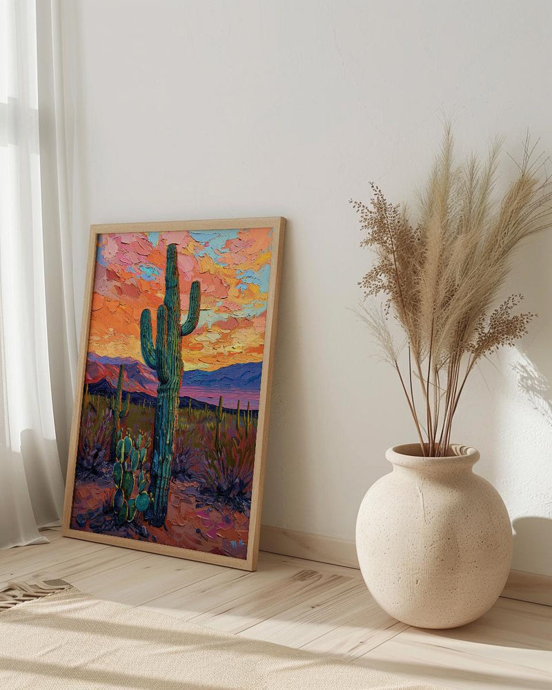 Desert Sunset Oil Painting Poster, Saguaro Cactus Art Print, Colorful Mexican Desert Wall Art, Southwest Decor, Impasto Landscape