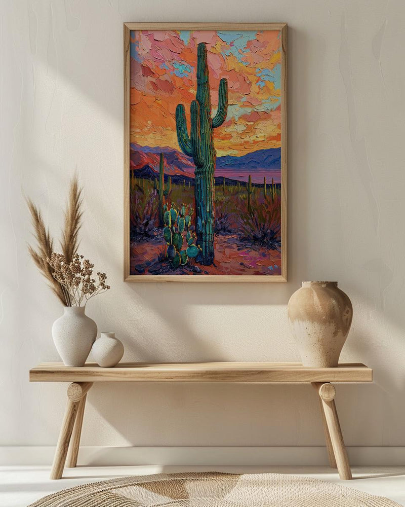 Desert Sunset Oil Painting Poster, Saguaro Cactus Art Print, Colorful Mexican Desert Wall Art, Southwest Decor, Impasto Landscape