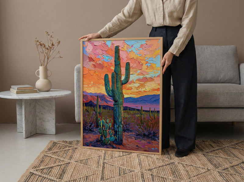 Desert Sunset Oil Painting Poster, Saguaro Cactus Art Print, Colorful Mexican Desert Wall Art, Southwest Decor, Impasto Landscape