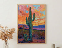 Desert Sunset Oil Painting Poster, Saguaro Cactus Art Print, Colorful Mexican Desert Wall Art, Southwest Decor, Impasto Landscape