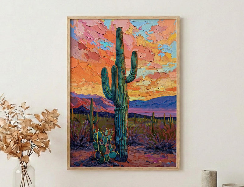 Desert Sunset Oil Painting Poster, Saguaro Cactus Art Print, Colorful Mexican Desert Wall Art, Southwest Decor, Impasto Landscape