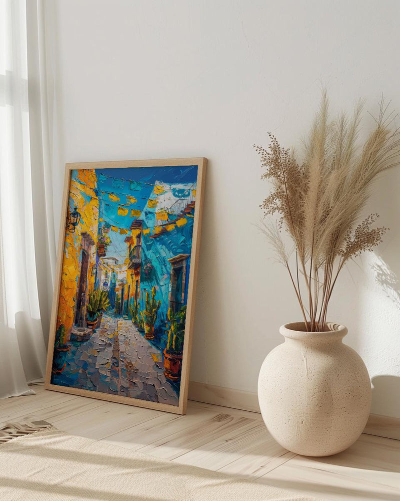 Mexican Street Oil Painting Poster, Colorful Alley Art Print, Vibrant Mexico Wall Art, Cacti & Yellow Wall Decor, Impasto Style Travel Art