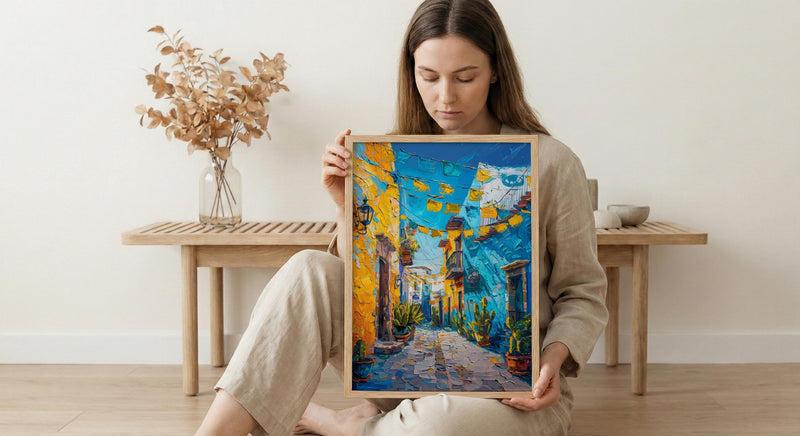 Mexican Street Oil Painting Poster, Colorful Alley Art Print, Vibrant Mexico Wall Art, Cacti & Yellow Wall Decor, Impasto Style Travel Art