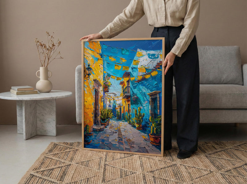 Mexican Street Oil Painting Poster, Colorful Alley Art Print, Vibrant Mexico Wall Art, Cacti & Yellow Wall Decor, Impasto Style Travel Art