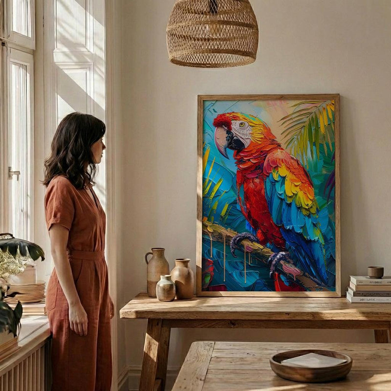 Scarlet Macaw Parrot Oil Painting Poster, Tropical Bird Art Print, Jungle Wildlife Wall Art, Amazon Rainforest, Impasto Animal