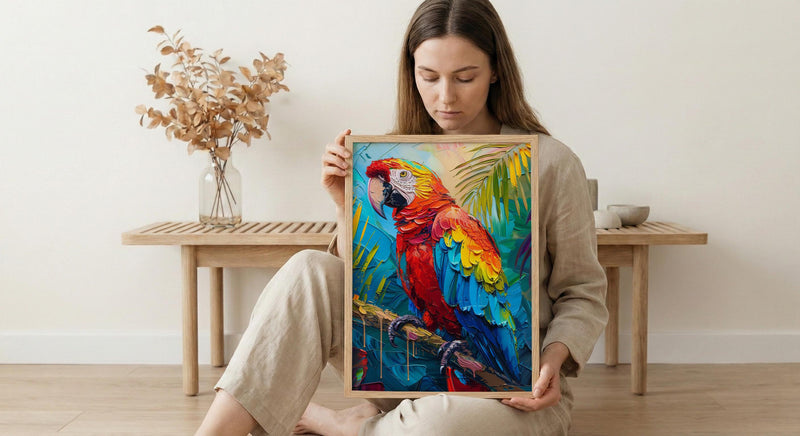 Scarlet Macaw Parrot Oil Painting Poster, Tropical Bird Art Print, Jungle Wildlife Wall Art, Amazon Rainforest, Impasto Animal
