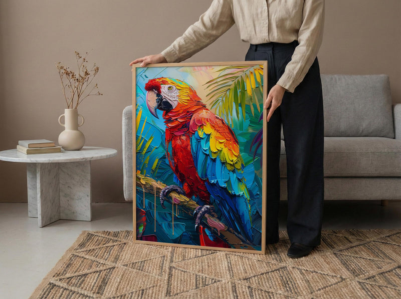 Scarlet Macaw Parrot Oil Painting Poster, Tropical Bird Art Print, Jungle Wildlife Wall Art, Amazon Rainforest, Impasto Animal