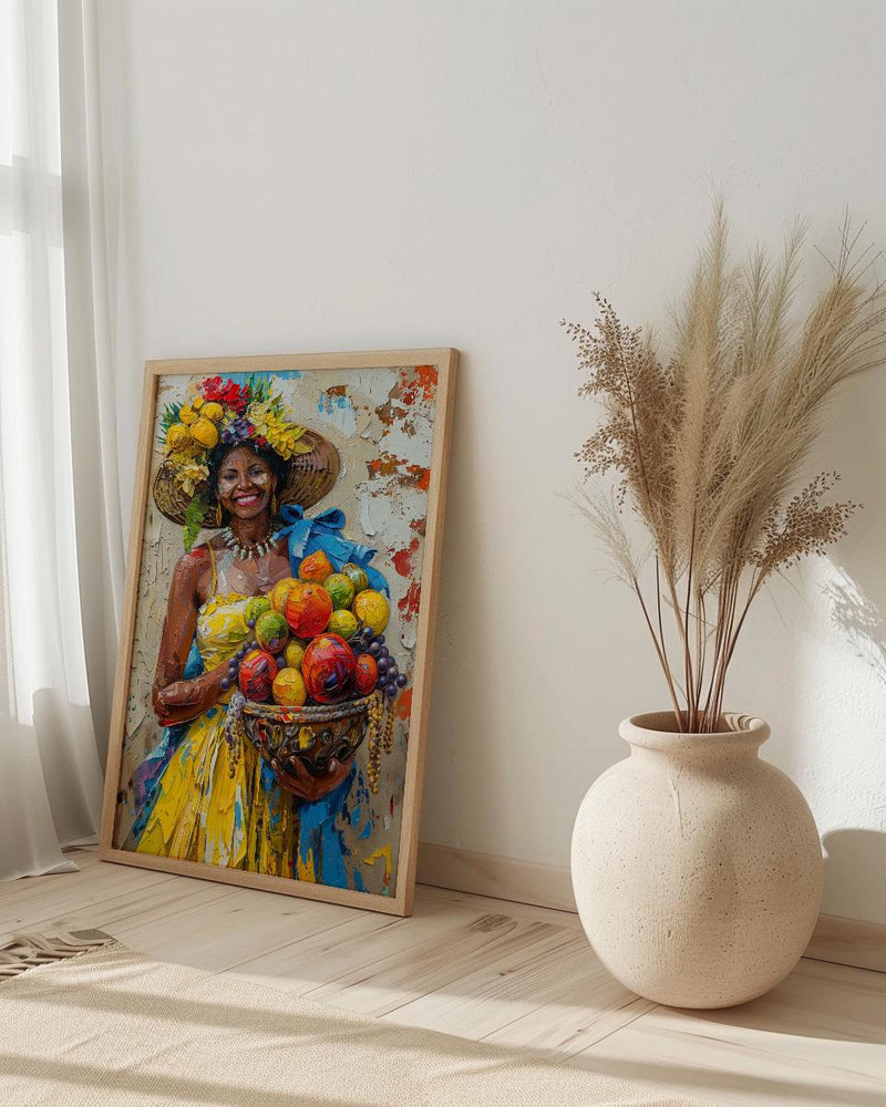 Latin American Woman Oil Painting Poster, Tropical Fruit Basket Art, Brazilian Vendor Wall Art, Exotic Decor, Impasto Portrait