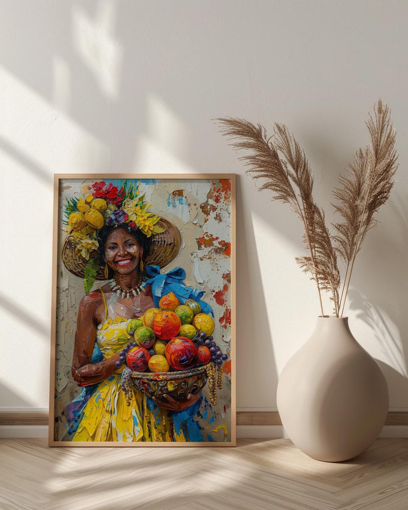 Latin American Woman Oil Painting Poster, Tropical Fruit Basket Art, Brazilian Vendor Wall Art, Exotic Decor, Impasto Portrait