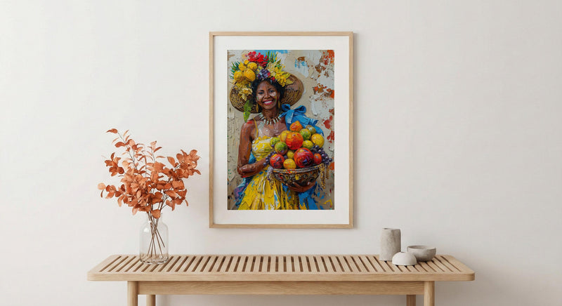 Latin American Woman Oil Painting Poster, Tropical Fruit Basket Art, Brazilian Vendor Wall Art, Exotic Decor, Impasto Portrait