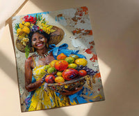 Latin American Woman Oil Painting Poster, Tropical Fruit Basket Art, Brazilian Vendor Wall Art, Exotic Decor, Impasto Portrait