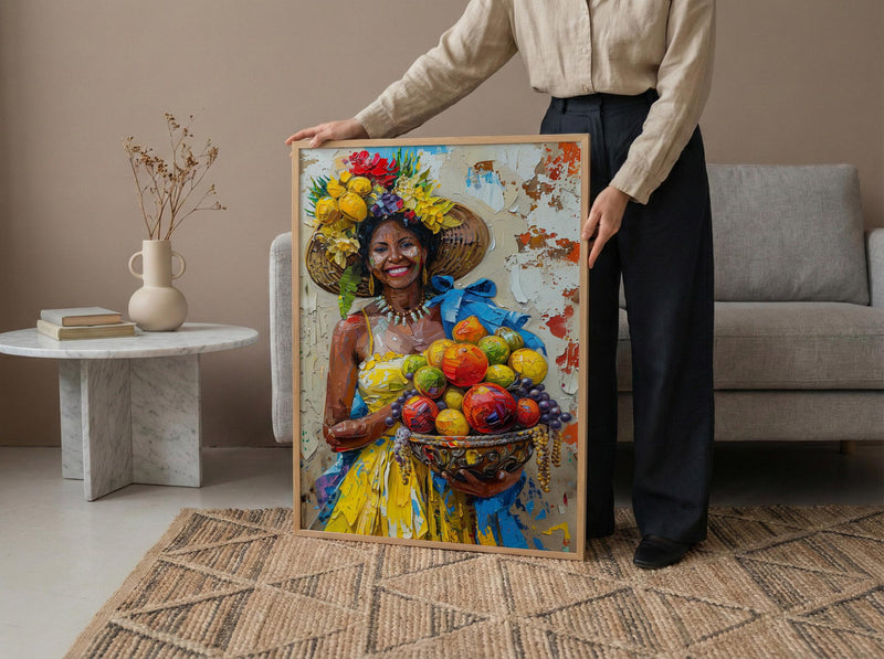 Latin American Woman Oil Painting Poster, Tropical Fruit Basket Art, Brazilian Vendor Wall Art, Exotic Decor, Impasto Portrait
