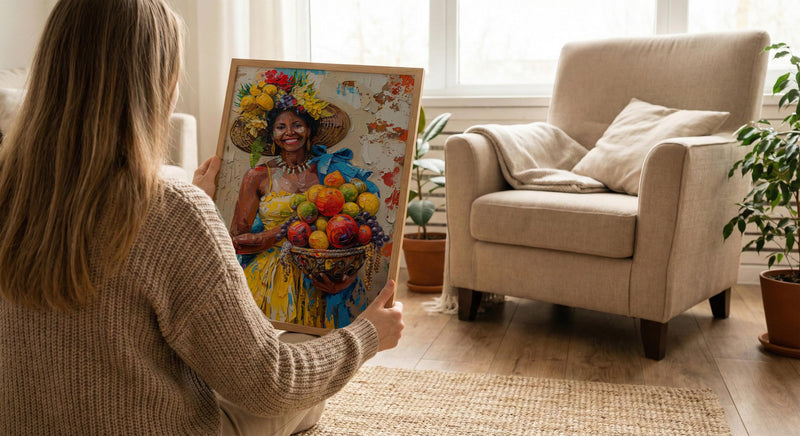 Latin American Woman Oil Painting Poster, Tropical Fruit Basket Art, Brazilian Vendor Wall Art, Exotic Decor, Impasto Portrait