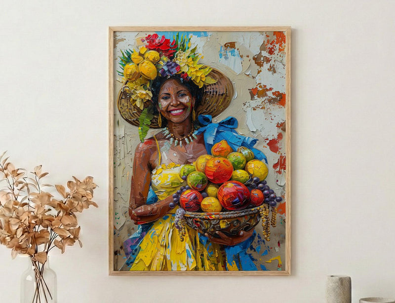 Latin American Woman Oil Painting Poster, Tropical Fruit Basket Art, Brazilian Vendor Wall Art, Exotic Decor, Impasto Portrait