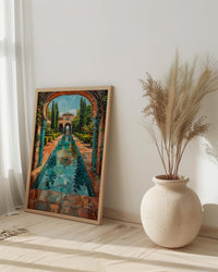 Persian Garden Oil Painting Poster, Iran Architecture Art Print, Islamic Arch Wall Art, Teal Courtyard Decor, Impasto Landscape