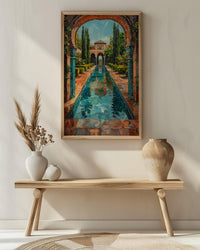 Persian Garden Oil Painting Poster, Iran Architecture Art Print, Islamic Arch Wall Art, Teal Courtyard Decor, Impasto Landscape