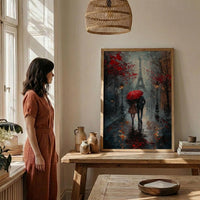 Paris Wall Art, Eiffel Tower Print, Romantic Couple Gift, Impasto Oil Painting, Rainy Paris Street, Wedding Gift, Red Umbrella