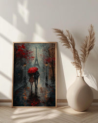 Paris Wall Art, Eiffel Tower Print, Romantic Couple Gift, Impasto Oil Painting, Rainy Paris Street, Wedding Gift, Red Umbrella