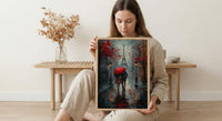 Paris Wall Art, Eiffel Tower Print, Romantic Couple Gift, Impasto Oil Painting, Rainy Paris Street, Wedding Gift, Red Umbrella