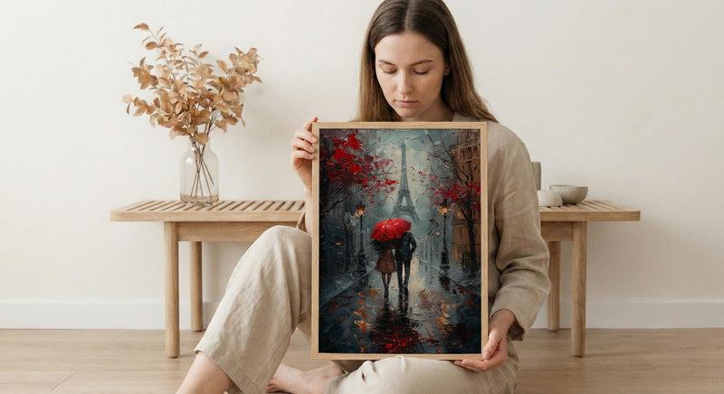 Paris Wall Art, Eiffel Tower Print, Romantic Couple Gift, Impasto Oil Painting, Rainy Paris Street, Wedding Gift, Red Umbrella