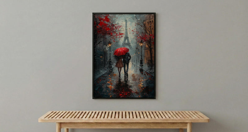 Paris Wall Art, Eiffel Tower Print, Romantic Couple Gift, Impasto Oil Painting, Rainy Paris Street, Wedding Gift, Red Umbrella