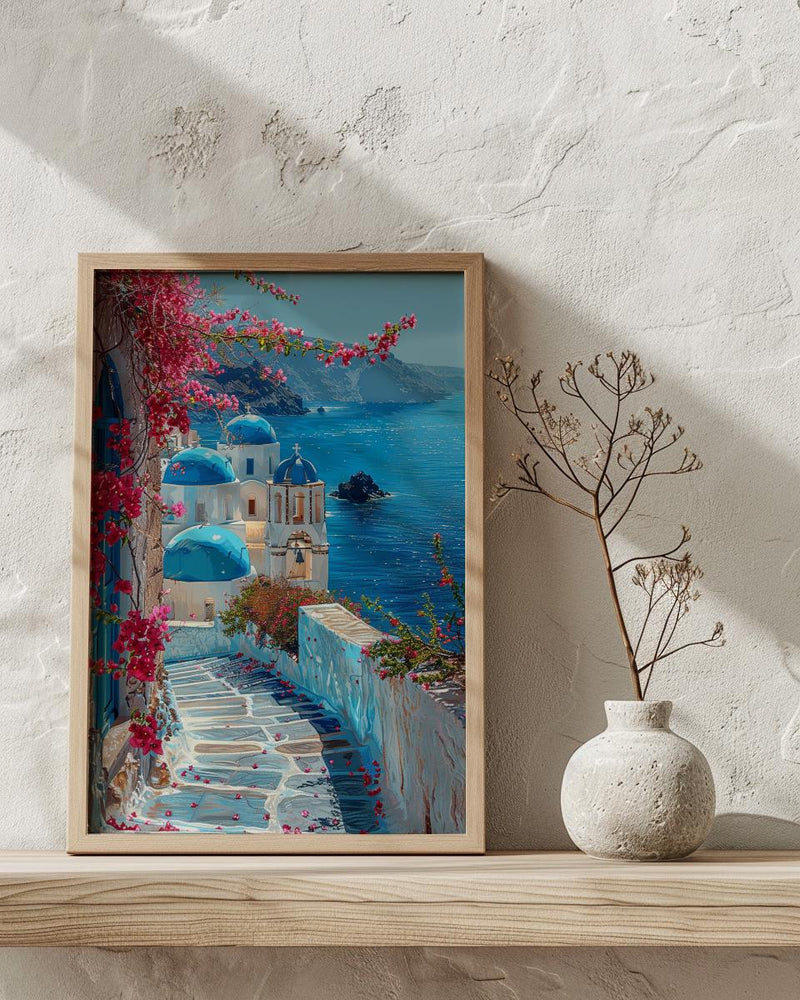 Santorini Wall Art, Greece Travel Print, Blue Domes, Impasto Oil Painting, Summer Romance, Honeymoon Gift, Greek Island Decor