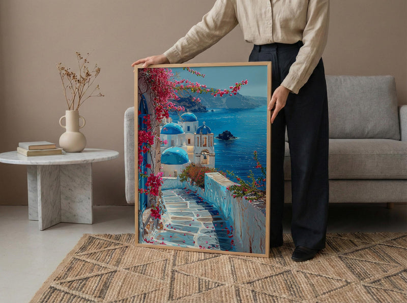 Santorini Wall Art, Greece Travel Print, Blue Domes, Impasto Oil Painting, Summer Romance, Honeymoon Gift, Greek Island Decor